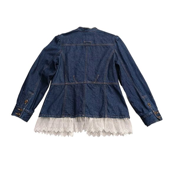 Small Size 14 Jean Jacket Lace Trim Button Up I.E Relaxed Dark Denim - Picture 9 of 10